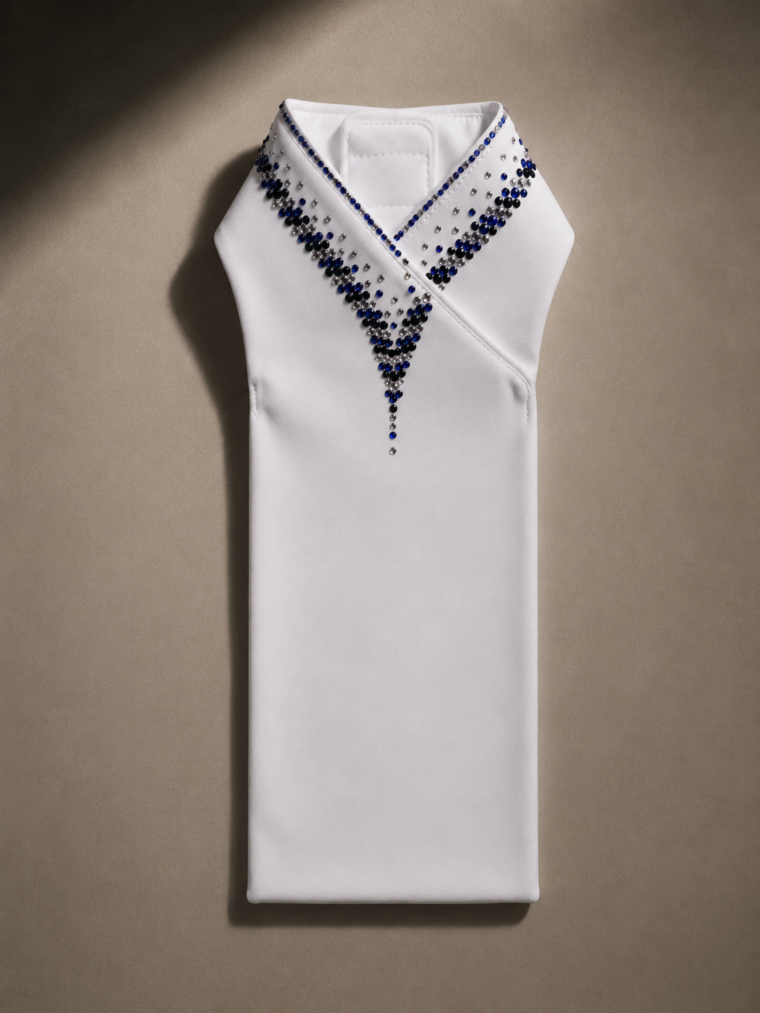 White Alexandre Mason bespoke dressage plastron with blue, black and silver crystal collar detailing