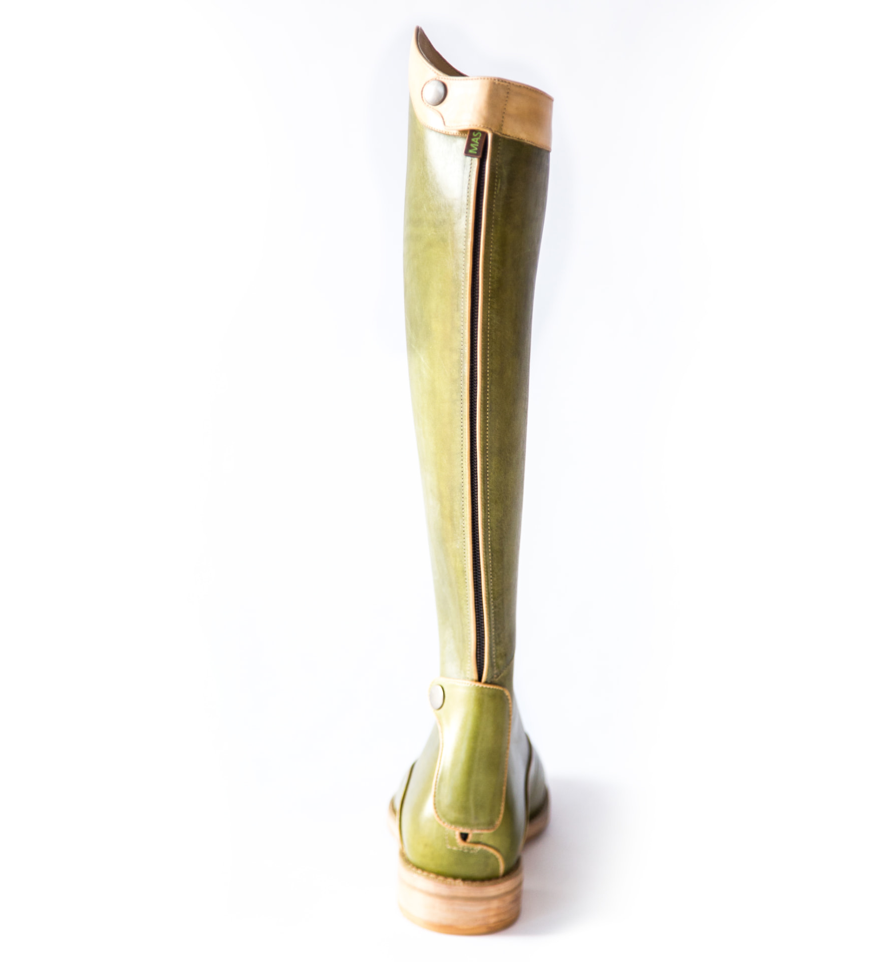 Back view of an olive green boot with natural leather cuff and full-length zip