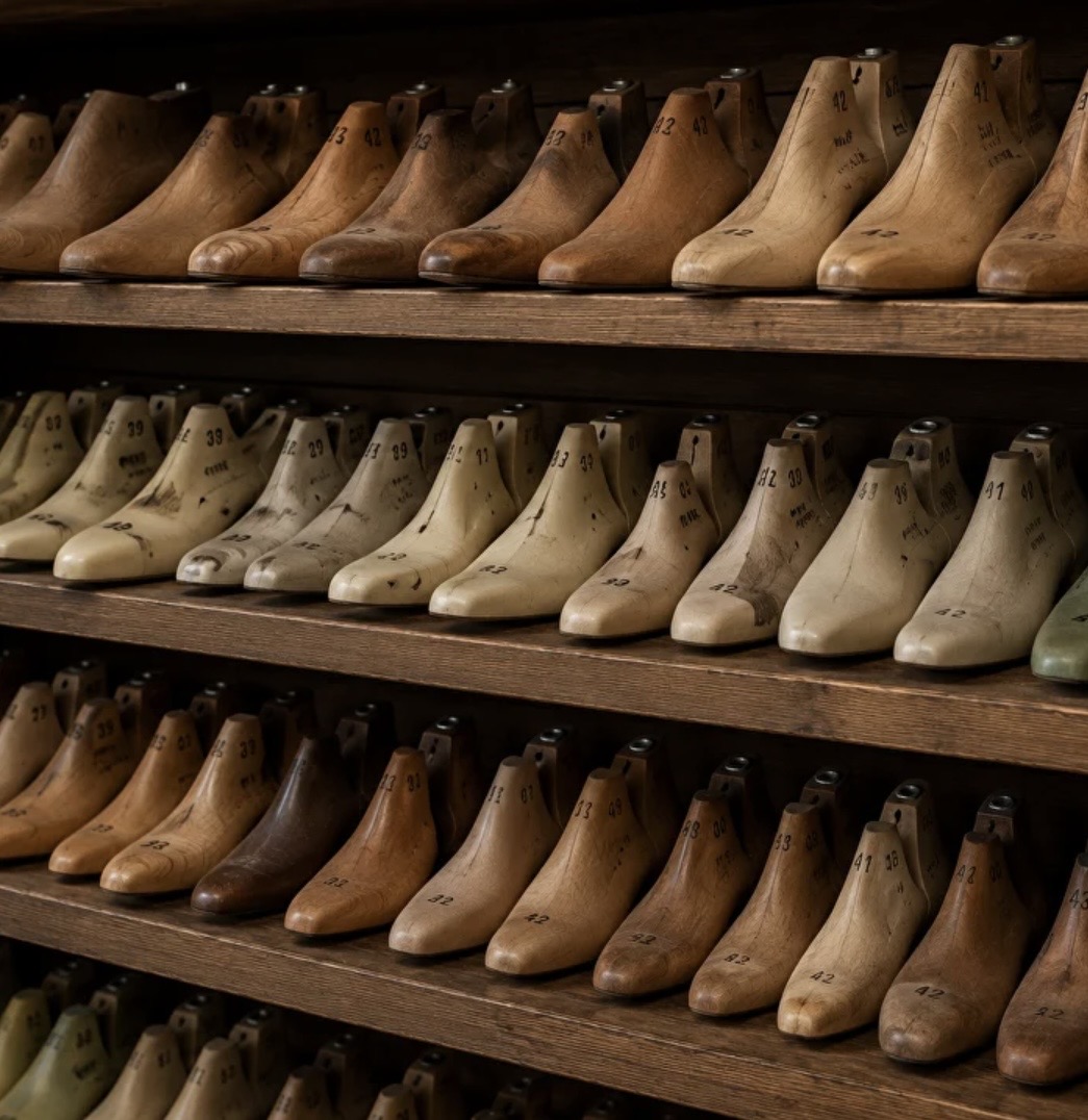 Rows of individual wooden boot lasts on atelier shelves
