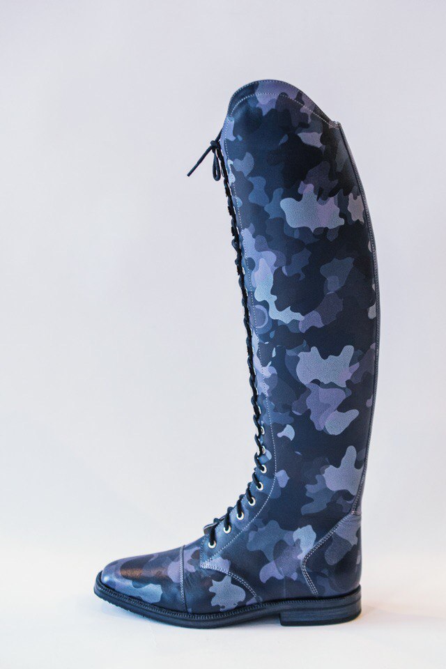 Tall laced dressage boot in blue camouflage patinated leather