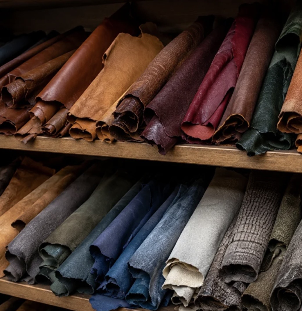 Shelves of premium leather hides in cognac, burgundy and deep blue tones
