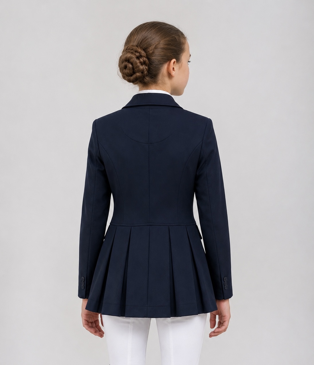 Back of a navy junior competition jacket with pleated peplum