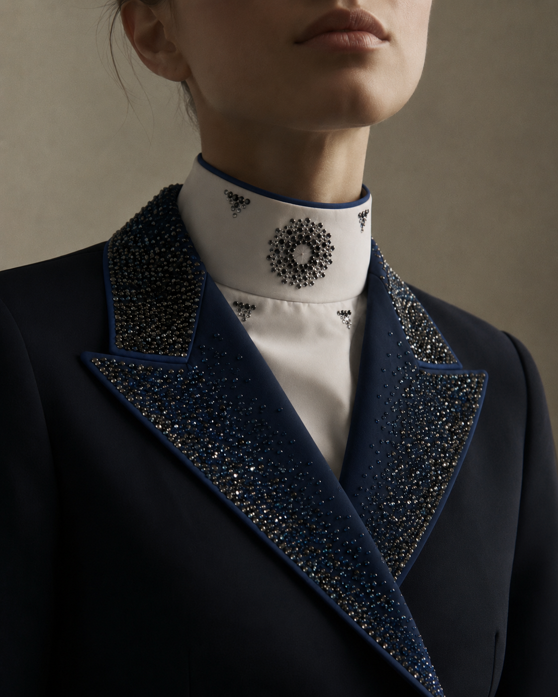White plastron with hand-set Swarovski crystals on a navy jacket