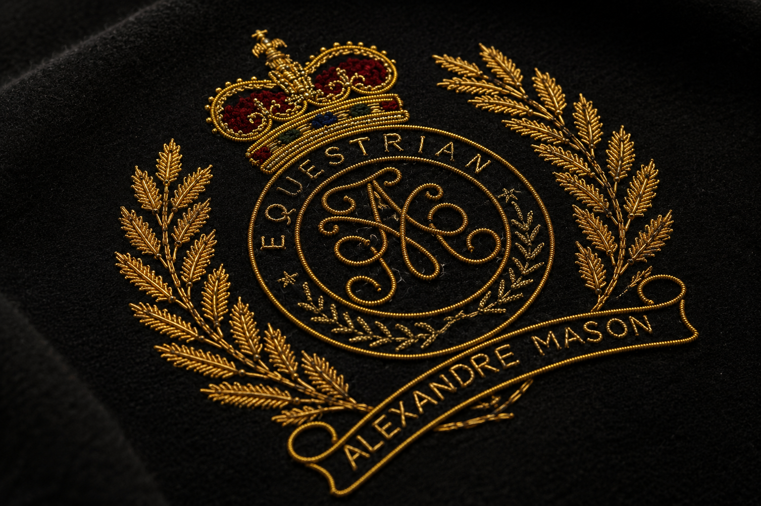 Gold hand embroidery of the Alexandre Mason crest on black wool