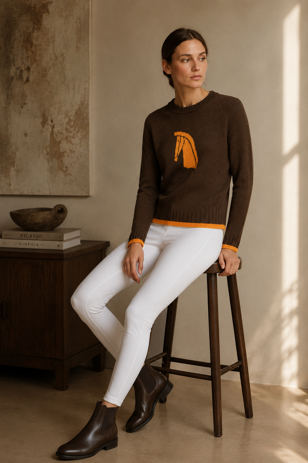 Model in a brown horse-motif sweater with white breeches and chelsea boots
