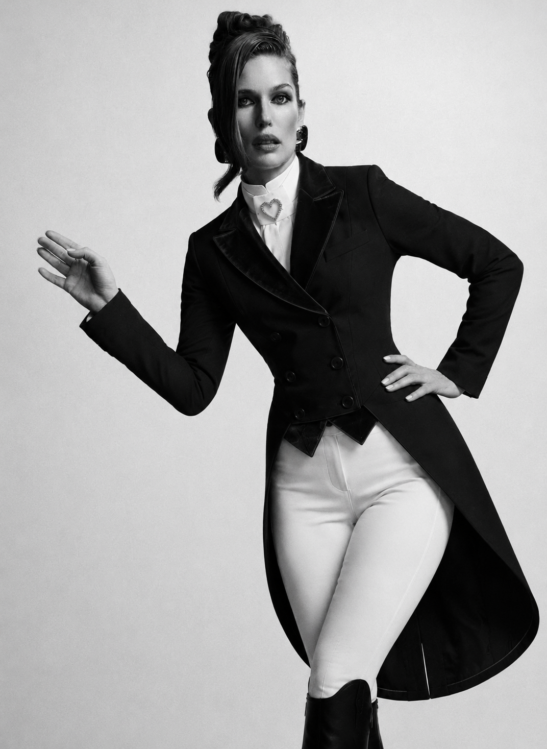 Black bespoke dressage tailcoat photographed in black and white