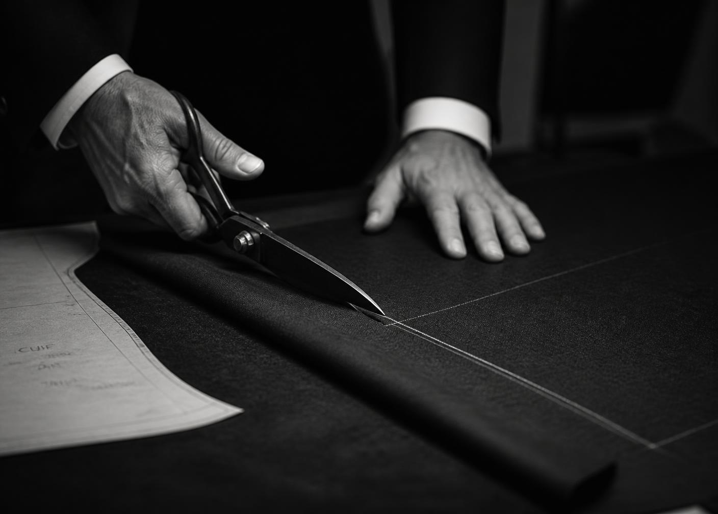 Tailor's hands cutting dark premium wool with tailoring shears on the atelier table
