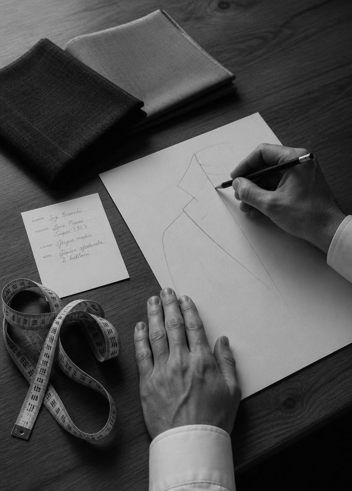 Designer's hands sketching beside fabric swatches